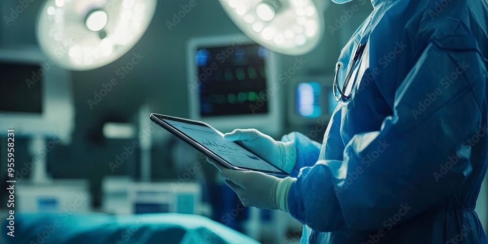Aufkleber doctor utilizing advanced digital tablet technology in modern healthcare. medical professional in op