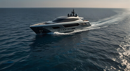 Naklejka premium A futuristic solar-powered yacht cruising through pristine ocean waters, symbolizing innovation in renewable energy and luxury travel with copy space.