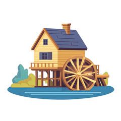 Eco. Friendly Architecture. Flat Vector Water Mill Illustration. Isolated on a Transparent Background. Cutout PNG.