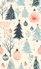New Year's and Christmas festival seamless pattern in a 2D doodle illustrator style on pastel color backgrounds for graphic advertising.