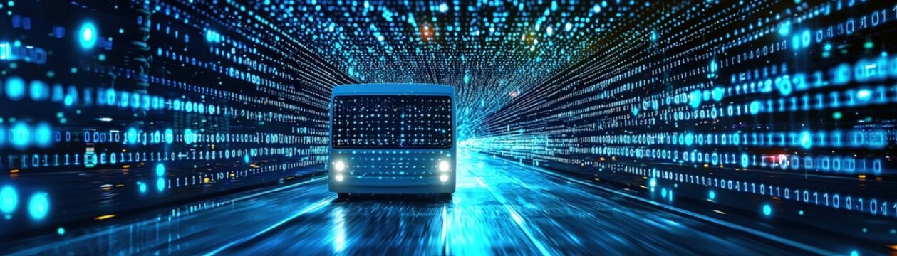 Sleek digital school bus with binary code, advanced student transportation systems, route optimization algorithms, and futuristic safety monitoring mechanisms, neon-lit urban landscape