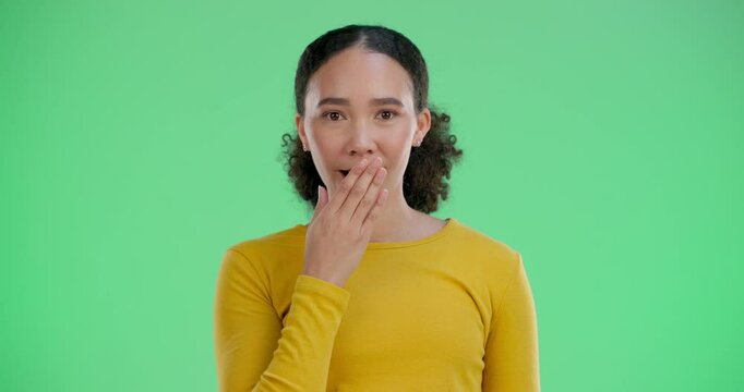 Green screen, face and woman with shock for surprise, announcement and news with mockup space. Chromakey, portrait and girl student with emoji reaction for college results, acceptance and recognition