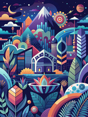 Abstract Nighttime Cityscape with Geometric Shapes and Lush Foliage