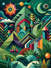 Abstract Geometric Landscape with Sun, Moon, and Stars