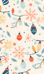 New Year's and Christmas festival seamless pattern in a 2D doodle illustrator style on pastel color backgrounds for graphic advertising.