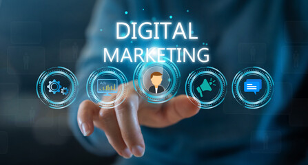 Human with digital online marketing commerce sale, website advertising, promotion of products, digital marketing strategy and goals, digital search engine, SEO, social media, ads, E-commerce