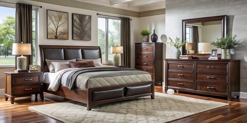 Richly textured plush and modern bedroom set boasts a platform bed, dresser, and nightstands in warm, earthy brown