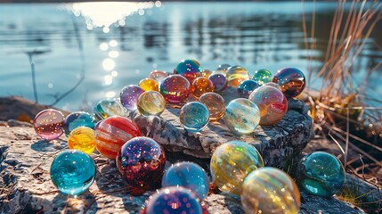 A bunch of vivid water balls put well on a piece of stone beside a lake