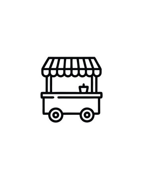 recommend clip art: Editable stroke vector of a street food cart with a striped awning and wheels.