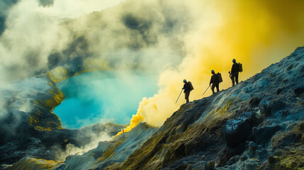 Ijen Crater, sulfur miners work on the edge of the crater with a backdrop of thick yellow steam and a bright blue acid lake, Ai generated images
