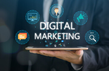 Human with digital online marketing commerce sale, website advertising, promotion of products, digital marketing strategy and goals, digital search engine, SEO, social media, ads, E-commerce