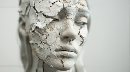 Surreal Fashion Portrait of a Cracked Wax Sculpture, Closeup of a Woman's Bust in Distress, Long Wavy Hair, Evoking Themes of Disintegration and Beauty in Decay