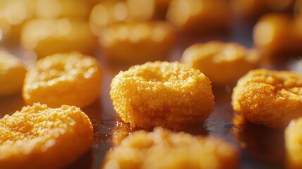Close-up of crispy golden chicken nuggets, perfect for fast food menus and snack ideas, showcasing appetizing detail and texture.