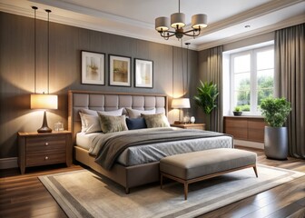 Sleek and modern bedroom furniture combines comfort and style, featuring a plush bed, slender nightstands, and a
