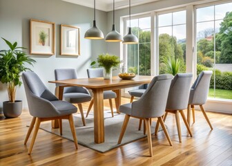 Fototapeta premium Sleek wooden legs support comfortable upholstered seats, blending form and function in a modern home's dining area.