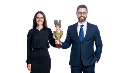 Business success. Two businessman and businesswoman on business successful meeting. successful business woman man in suit hold champion cup. business reward and success. leadership