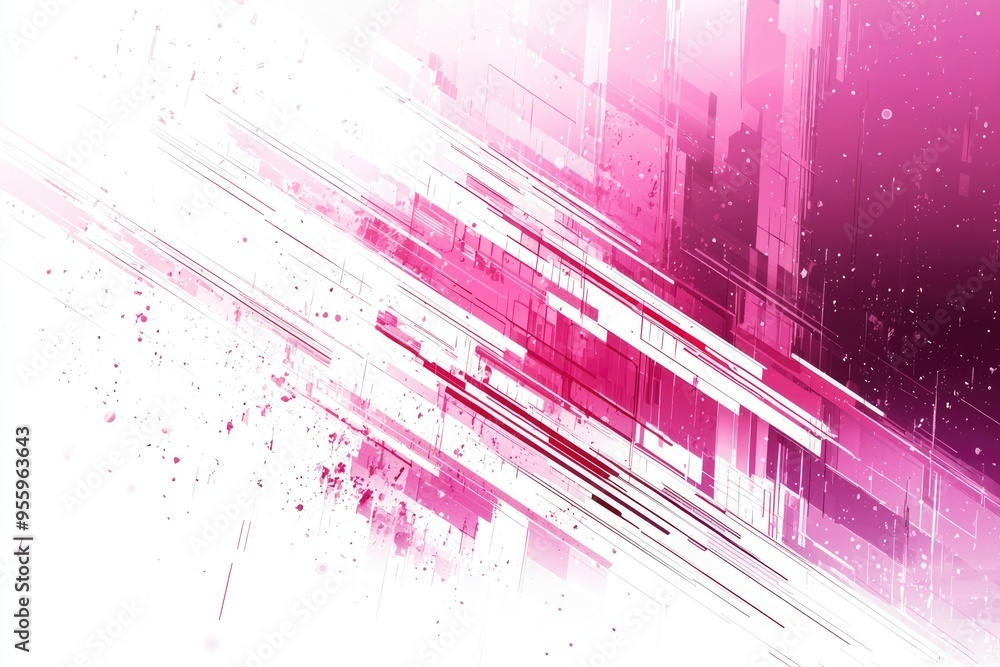Poster abstract pink and white geometric pattern with diagonal lines and scattered shapes