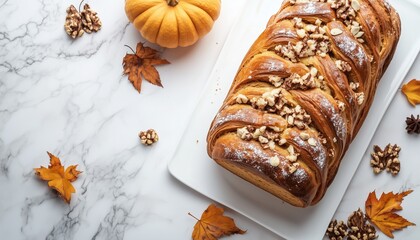 Pumpkin roll bread pastry snack dessert food homemade on white plate