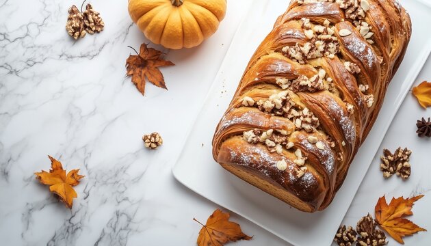 Pumpkin roll bread pastry snack dessert food homemade on white plate
