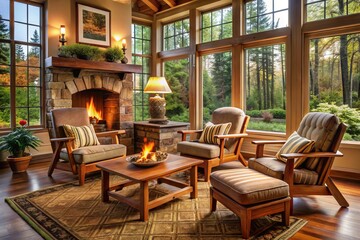 Soft cushions and plush throw blankets envelop the Adirondack chairs and matching ottoman, creating a warm and inviting