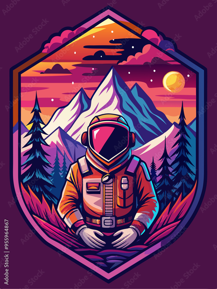 Wall mural Astronaut in a Mountainous Landscape at Sunset