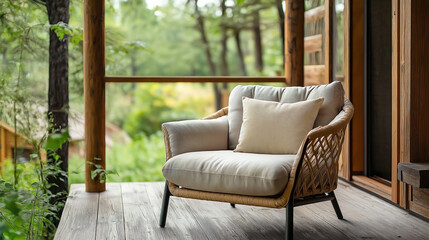 Fototapeta premium A comfortable, cozy upholstered vintage armchair with a cushion on the porch of a modern glamping site. 