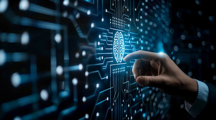 Hand Touching Artificial Intelligence Brain Icon on Circuit Board