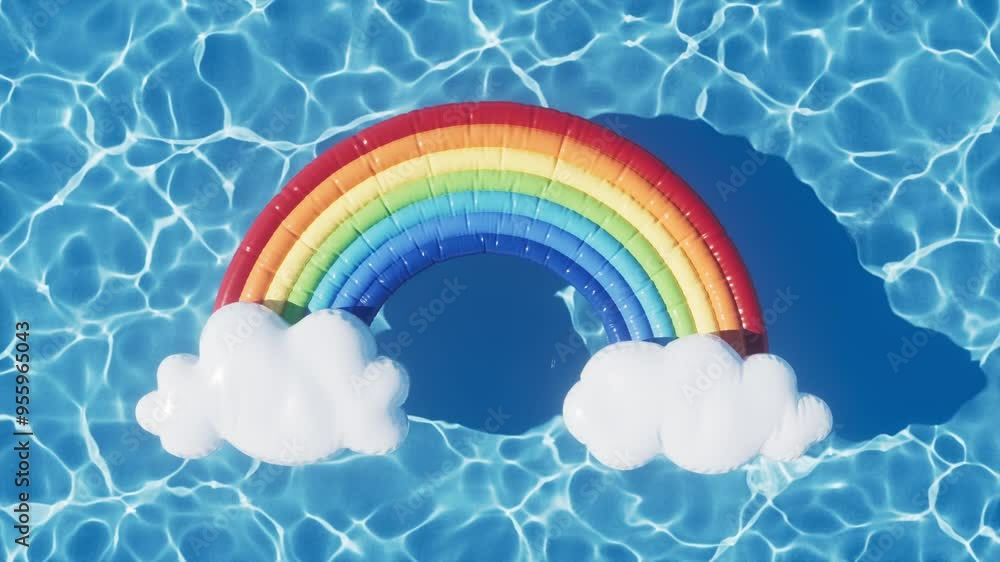 Poster loop animation of rippled water surface and floating rainbow, 3d rendering.