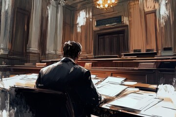 A focused individual sits at a table covered with papers in a grand courtroom. The atmosphere is serious, suggesting preparation for an important case. Generative AI