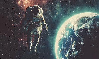 Fototapeta premium graphics of space, planets, and astronauts on a white background.