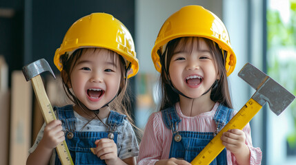 Two little Asian girls wearing yellow construction helmets and holding working tools for construction or repair in their hands. 