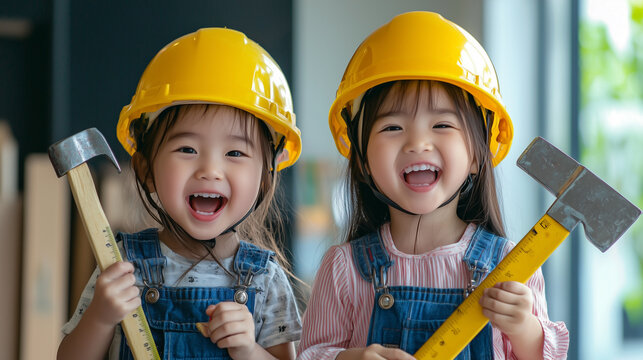 Two little Asian girls wearing yellow construction helmets and holding working tools for construction or repair in their hands. 