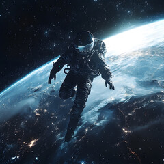 graphics of space, planets, and astronauts on a white background.