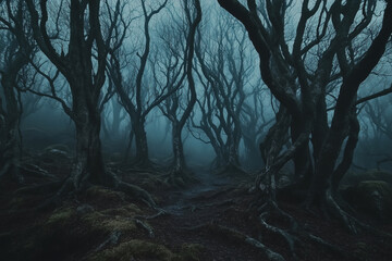 forest with tall trees and a foggy atmosphere. The trees are twisted and gnarled, giving the impression of a mysterious and eerie place