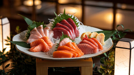 A beautifully arranged plate of assorted sashimi with fresh salmon, tuna, and white fish, served on a traditional Japanese plate, set against a soft restaurant ambiance. 