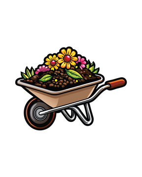recommend clip art: Editable stroke vector of a wheelbarrow filled with soil and flowers.