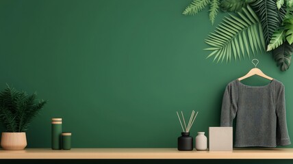 Stylish green wall decor with hanging shirt, plants, and home accessories on a wooden table, creating a soothing atmosphere.