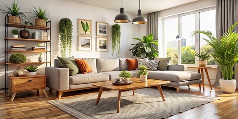 Soft, plush sofa anchors the room, surrounded by a medley of plants, a vintage coffee table, and a