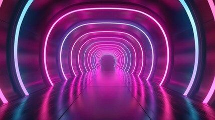 Naklejka premium Futuristic purple and blue neon glowing tunnel with reflective floor.