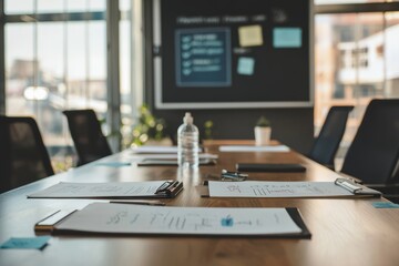 A mentor providing feedback on a young professional’s presentation skills. Meeting room with presentation equipment