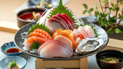 A beautifully arranged plate of assorted sashimi with fresh salmon, tuna, and white fish, served on a traditional Japanese plate, set against a soft restaurant ambiance. 