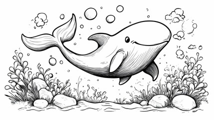 Obraz premium Cute Cartoon Dolphin Swimming Underwater with Bubbles and Seaweed