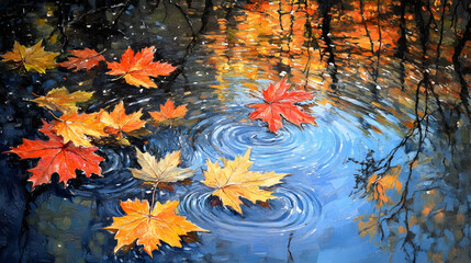 Autumn Leaves Floating on Water with Ripples