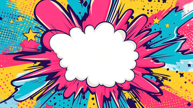 Comic art-style illustration of a bursting pop frame background. with a dramatic explosion effect at the center. 