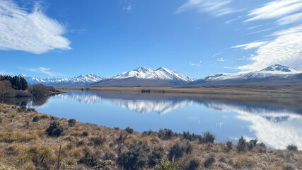 Grassy foreshore on the edge of Lake Clearwater beneath the southern alps in Hakatere conservation...