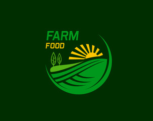 Farm food icon of field and sun for agriculture product and rural farming, vector emblem. Farm food green round sign with wheat or rye filed with trees and sun for agrarian and agriculture farming tag