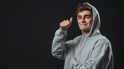 Naklejka premium Smiling Young Man in Grey Hoodie Gesturing with Thumb Up