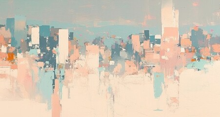 Fototapeta premium Abstract Painting with Faded and Blurry Brush Strokes in Muted Peach, Pink, Red, Grey, and Teal Colors, Featuring a Detailed Cityscape