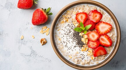 Strawberry Oatmeal Delight: A comforting bowl of oatmeal adorned with fresh strawberries, chia seeds, and a hint of mint, perfect for a wholesome and delicious breakfast. 