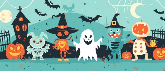 Costumes, Halloween party, spider webs, cartoon monsters, flat design illustration